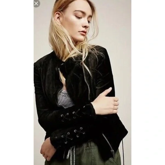 EUC Free People Lacey Velvet Corset Lace Tied Black Moto Jacket Small​​​​​